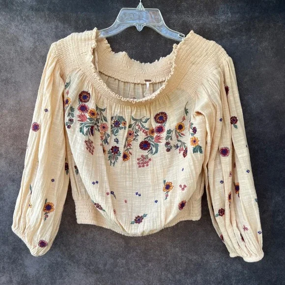 Free People Embroidered Peasant Cottagecore Hippie Cream Floral Boho Top Large - Picture 4 of 9